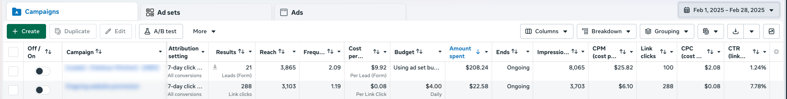 February 2025 - Meta Ads account before start