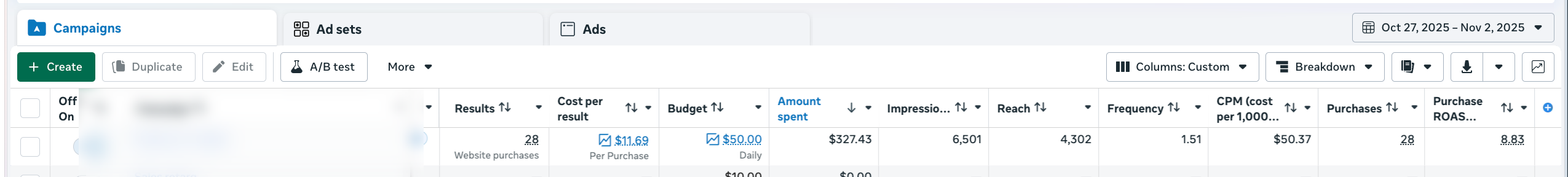 Meta Ads Manager - Oct 27 – Nov 2, 2025, Nightgowns Sales