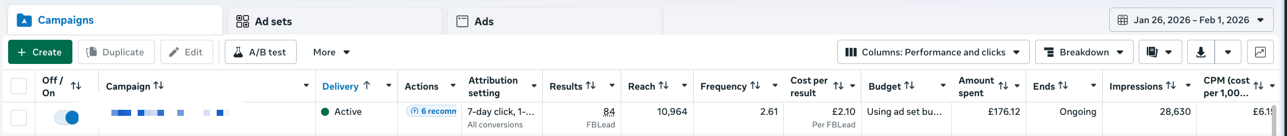 Meta Ads Manager - best week, Jan 26 to Feb 1, 2026: 84 leads at £2.10 cost per lead