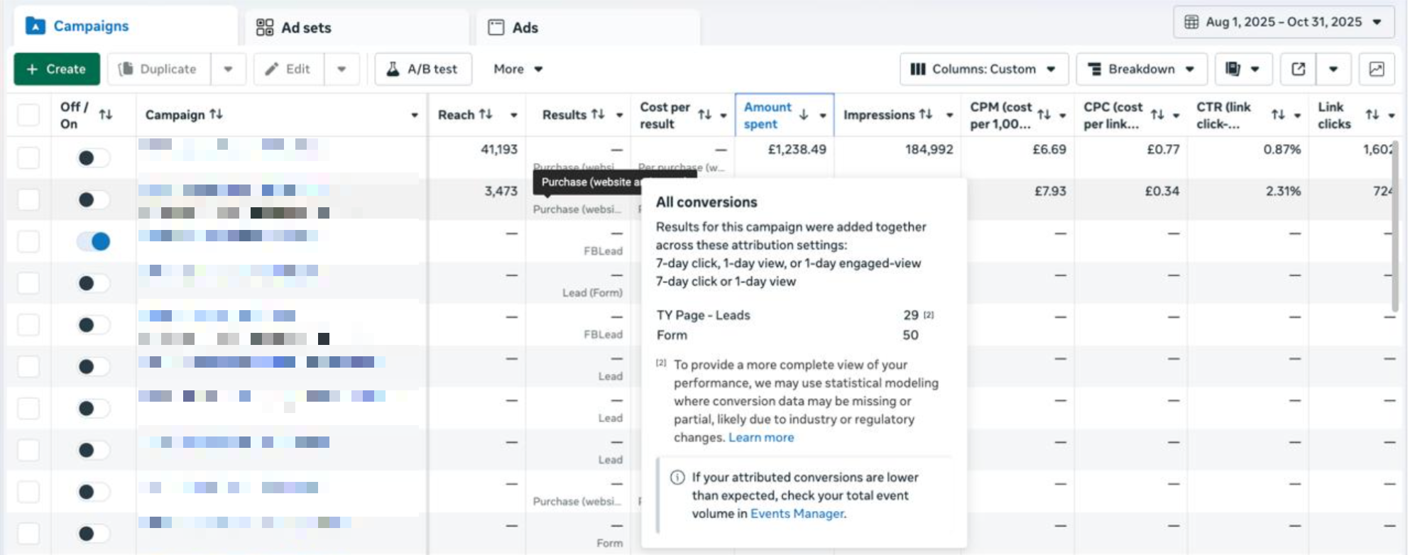 Meta Ads conversion breakdown - another campaign counting both TY Page Leads (29) and Form (50)
