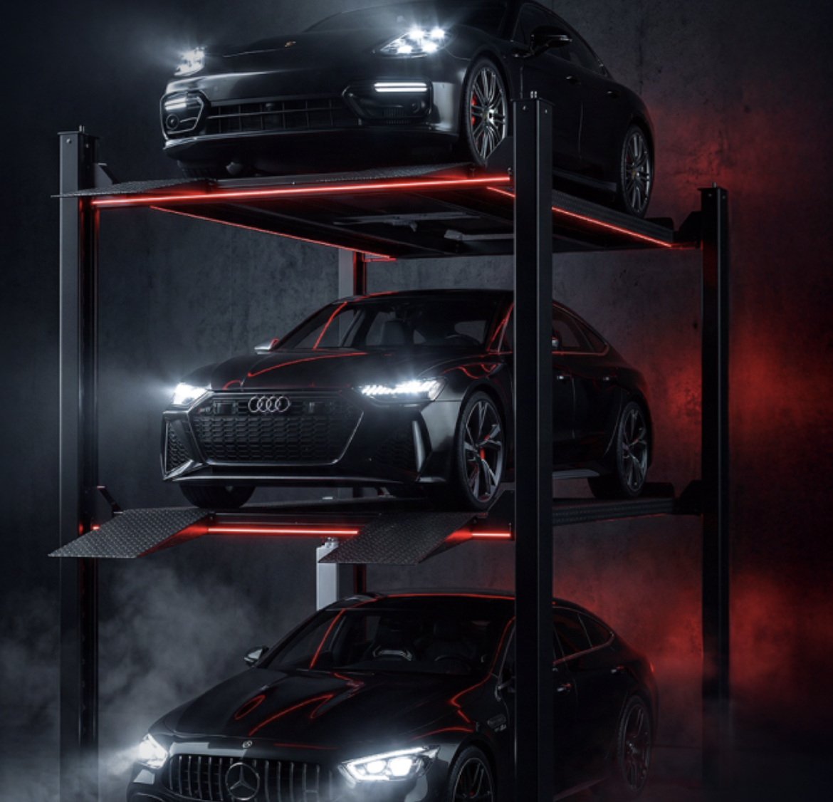 Premium automotive lifts in a stacked storage system